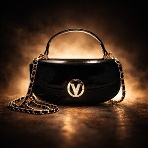 NWT Valentino Orlandi Black Patent Leather Mini Handbag Gold Chain Strap V Logo